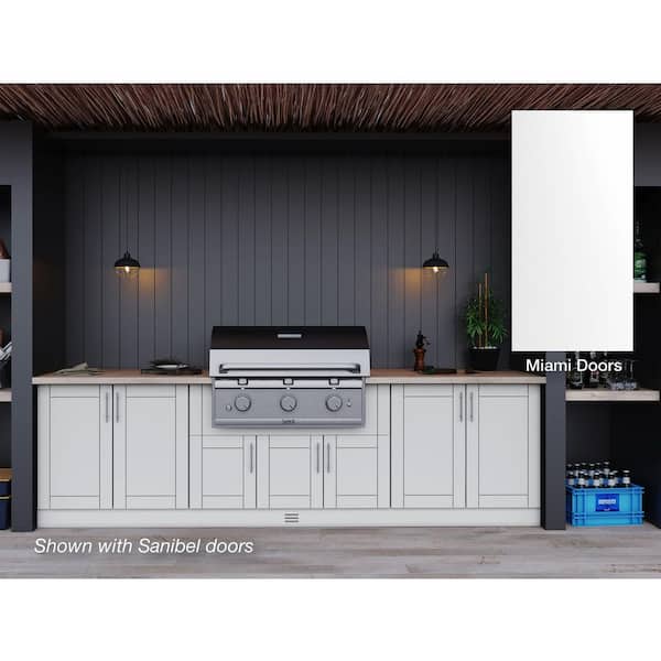 WeatherStrong Miami Shell White 17-Piece 121.25 in. x 34.5 in. x 28 in. Outdoor Kitchen Cabinet Island Set