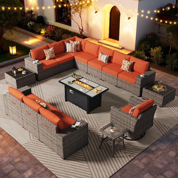 Sonnet 15 Pieces Wicker Outdoor Patio Rectangular Fire Pit Set and Swivel Rocking Chairs with Orange Red Cushions