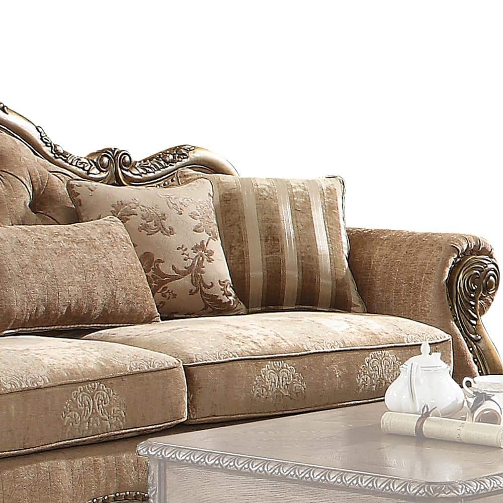 Ragenardus Vintage Oak & Tan Floral Tufted Sofa with Pillows