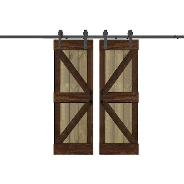 ISLIFE K Series 60 in. x 84 in. Aged Barrel/Kona Coffee Finished DIY Solid Wood Double Sliding Barn Door with Hardware Kit