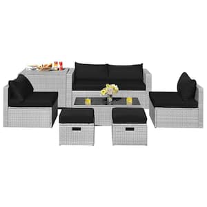 8-Piece Wicker Patio Conversation Set with Black Cushions and Storage Waterproof Cover