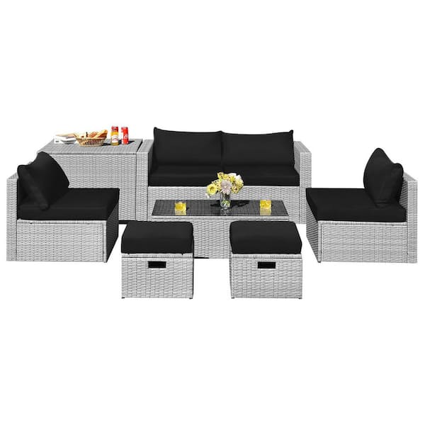 LIVIZA 8-Piece Wicker Patio Conversation Set with Black Cushions and Storage Waterproof Cover