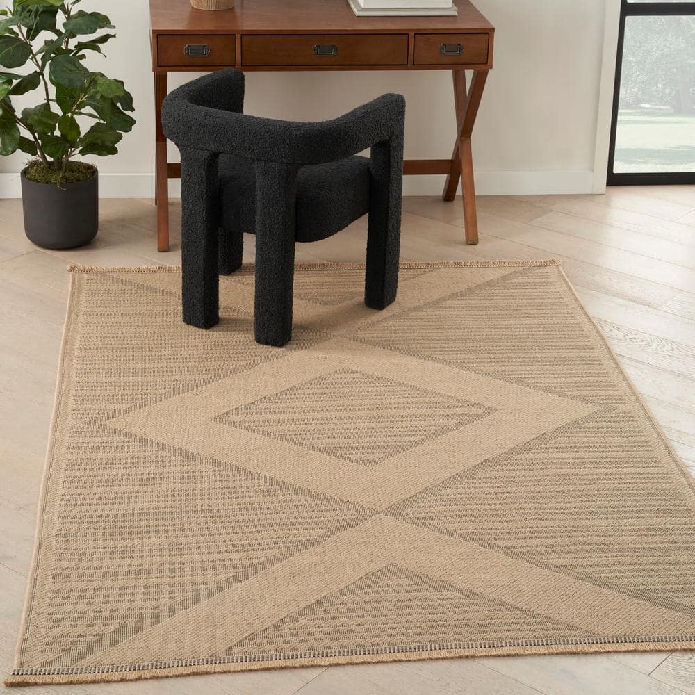 Natural Beige Geometric Flat Woven Wool and Synthetic Rug 8' x 10'