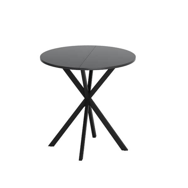 Unbranded 31.5 in. Black Wood Round Cross Leg Outdoor Dining Table with White Marble Top and Two Piece Removable Top