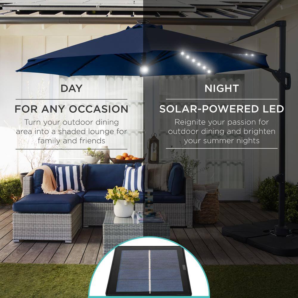 10ft Navy Blue Solar LED Cantilever Patio Umbrella with Cross Base