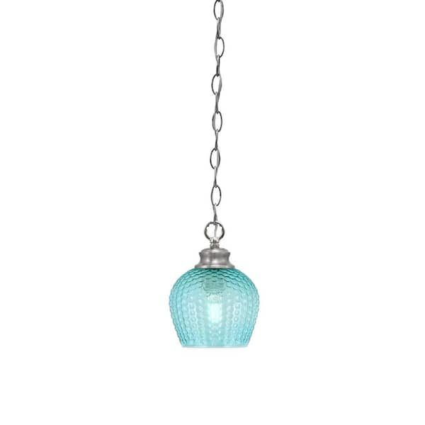 Unbranded Tyler 60-Watt 1-Light Brushed Nicke Chain Mini Pendant Light with Turquoise Textured Glass Shade