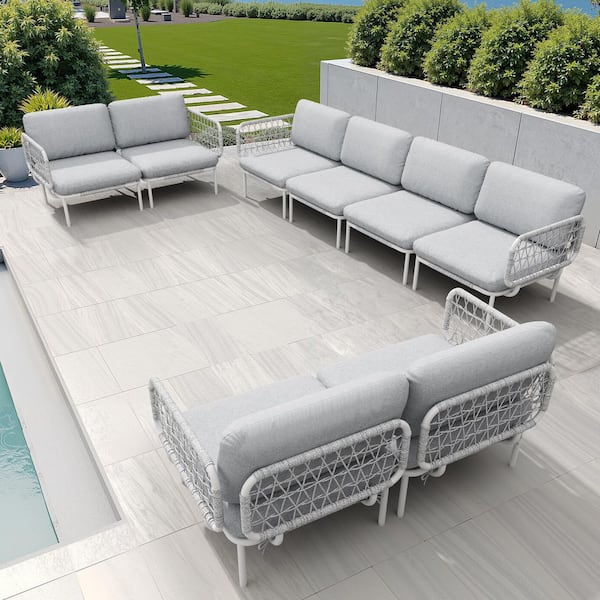 8-Piece Rattan Aluminum Outdoor Sectional Set with Light Gray Cushions
