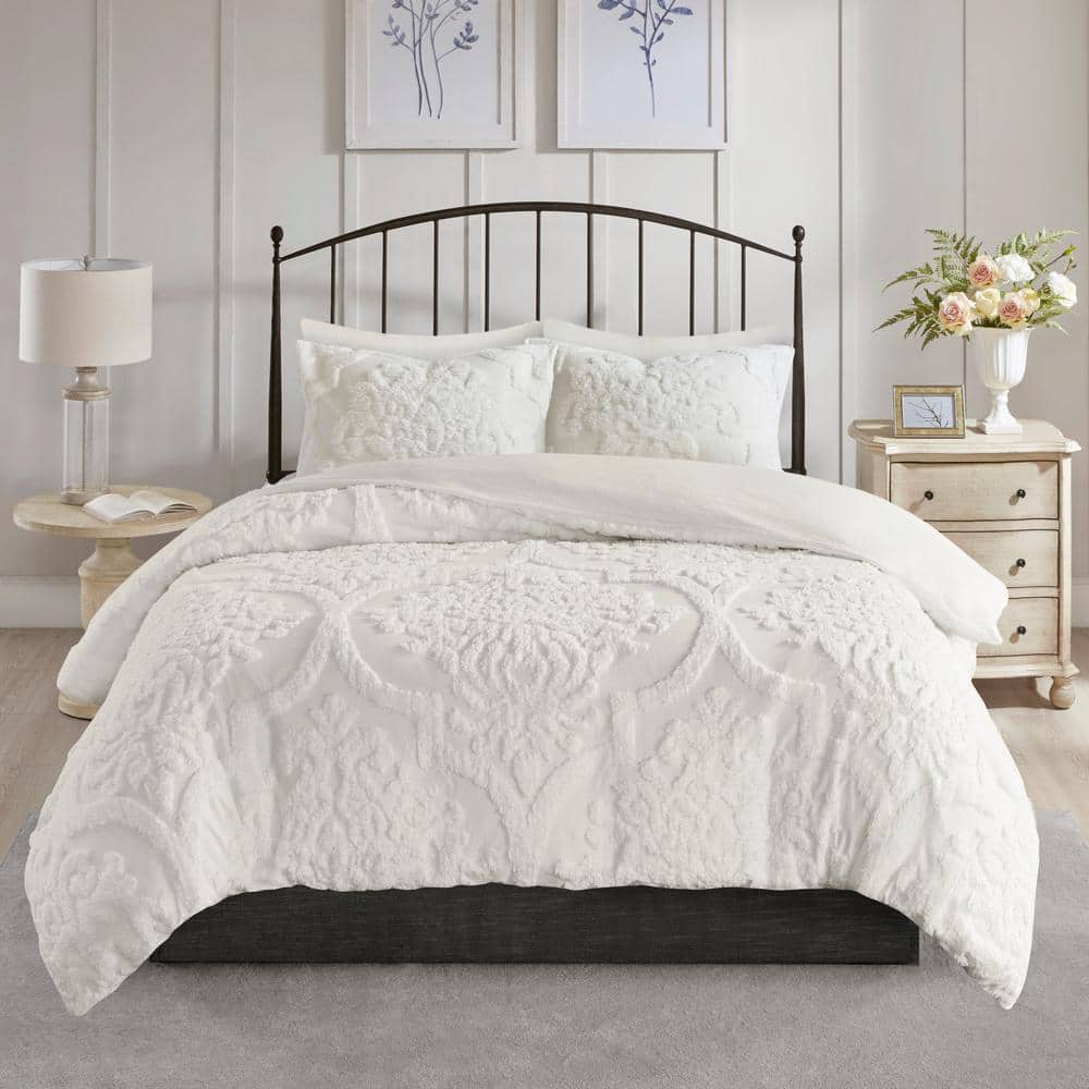 White Tufted Cotton Chenille Damask King Duvet Set