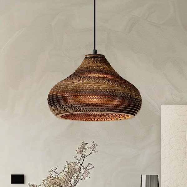 Edvivi 100-Watt 1-Light Matte Black Modern Nordic Style Pendant Light with Natural Brown Origami Paper Shade