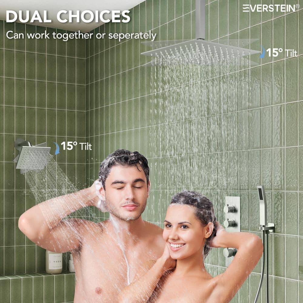 Brushed Nickel Dual Shower Head System with Thermostatic Valve
