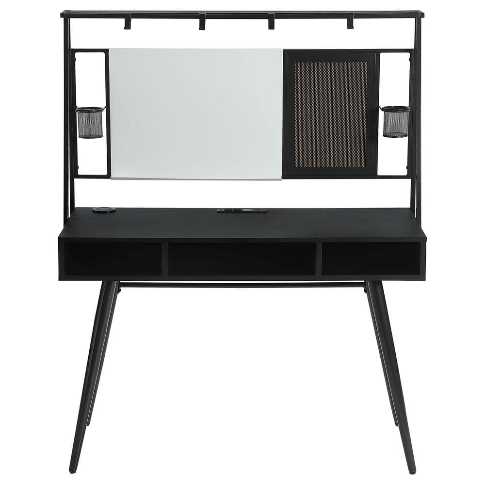 Black Wood Desk with Hutch, USB Ports, and Power Outlet