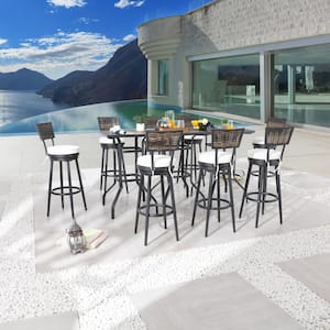 11-Piece Wicker Bar Height Outdoor Dining Set with Beige Cushions