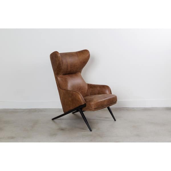Lee Cappuccino Top Grain Leather Accent Chair with Iron Legs and Mid-Century Modern Design