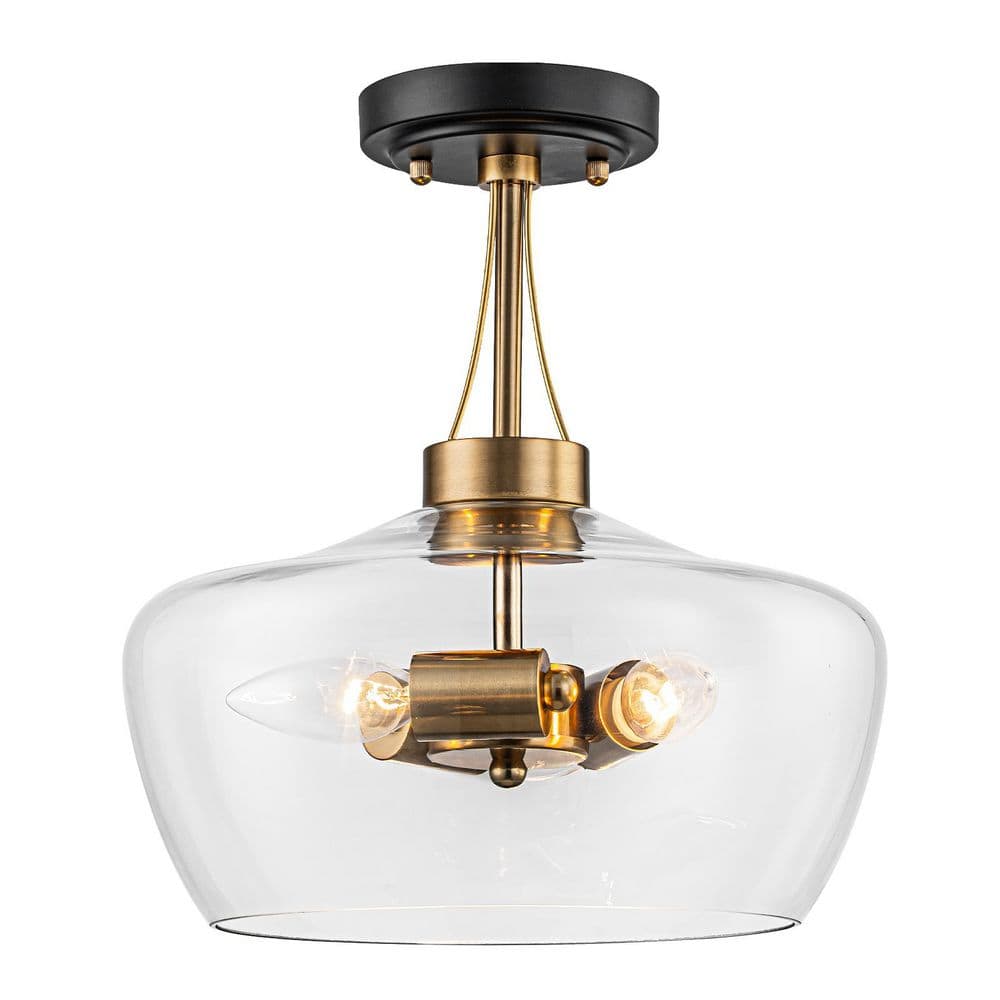 12 in. 3-Light Modern Farmhouse Bowl Matte Black and Gold Semi-Flush Mount with Clear Glass for Kitchen price history on PriceWatchPro