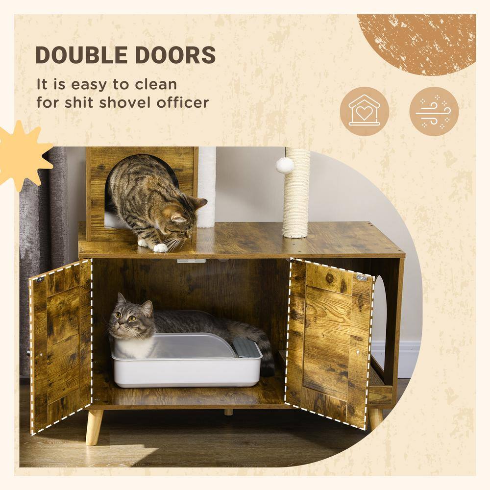 Rustic Brown Wooden Cat Tree with Litter Box Enclosure and Sisal Posts