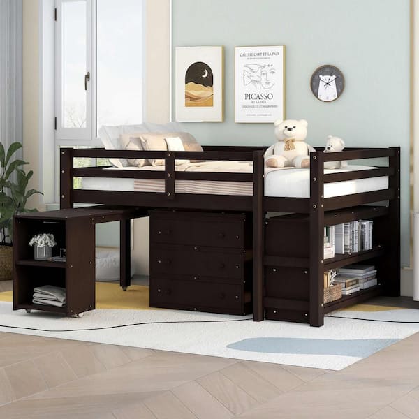 Low Study Full Loft Bed with Cabinet, Shelves and Rolling Portable Desk, Multiple Functions Bed-Espresso