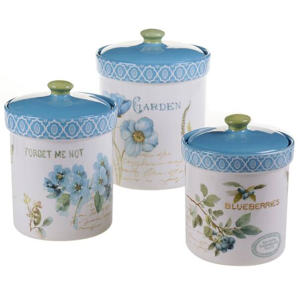 Unbranded The Greenhouse Green and Blue Hand painted Earthenware Canister Set (3-Piece)