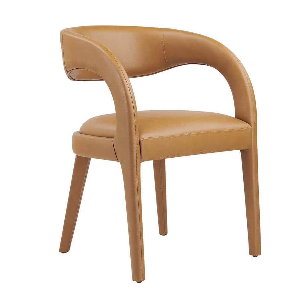 Tan Vegan Leather Low Arm Chair with Wood Legs