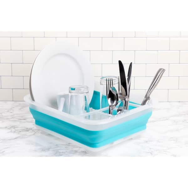 Home Basics Silicone and Plastic Easy Storage Collapsible Dish Rack and  Cutlery Holder White