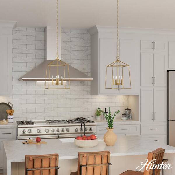 Hunter Fair Oaks 4-Light Luxe Gold Lantern Linear Chandelier for Kitchen Island with No Bulbs Included
