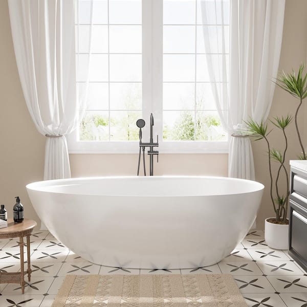 67 in. x 33 in. Solid Surface Stone Resin Freestanding Soaking Bathtub with Center Drain, Drainer, Hose in Matte White