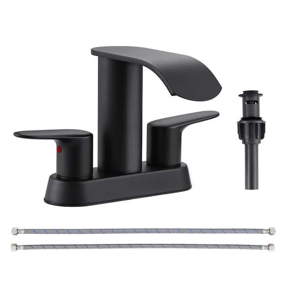 4 in. Centerset Double Handle Waterfall Bathroom Faucet with Drain Kit and Supply Lines Included in Matte Black