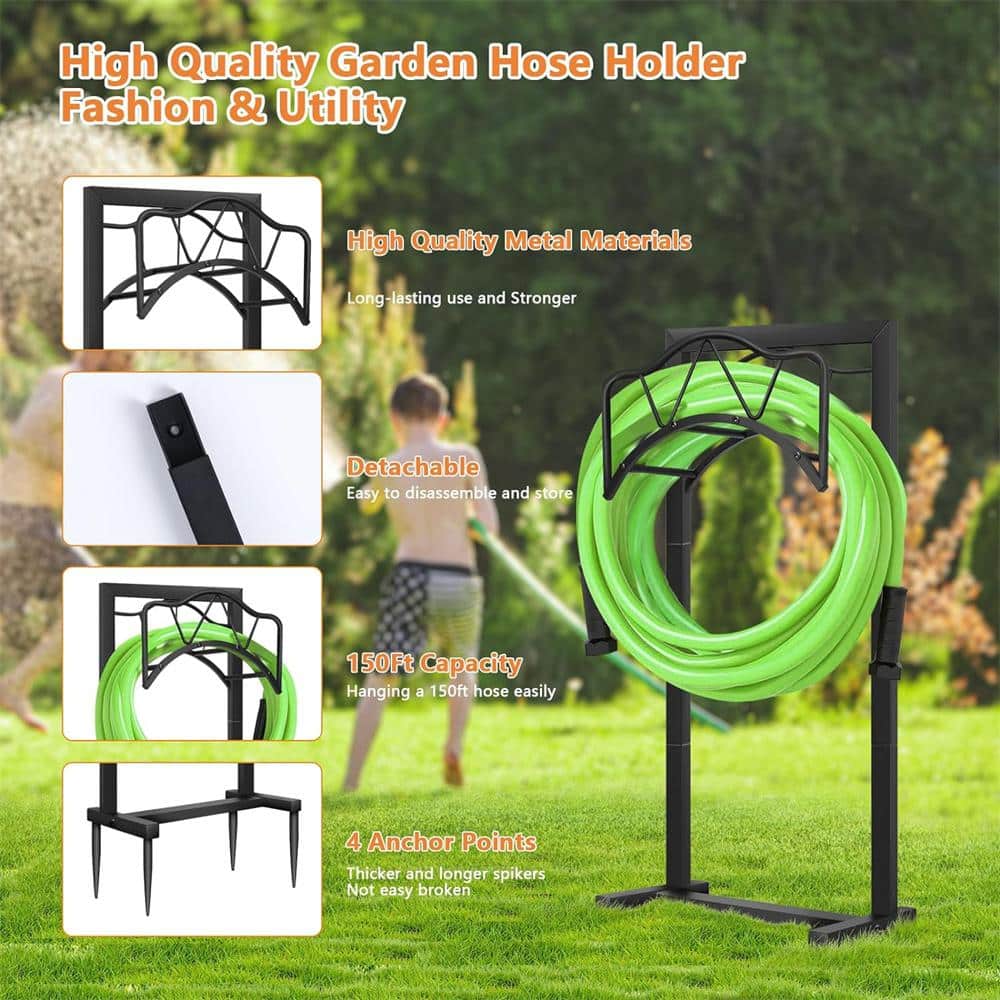 Freestanding Black Metal Garden Hose Holder with 4 Spikes