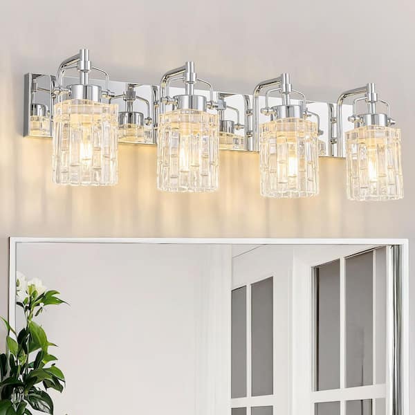Home Lighting 27.95 in. 4-Light Chrome Modern Vanity Light with Crystal Glass Shade Bathroom Light Fixture (JW-4132）