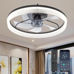 20 in. Modern Indoor Black Flush Mount Ceiling Fans with Remote Control - Small Dimmable Light Timing Fan for Bedroom