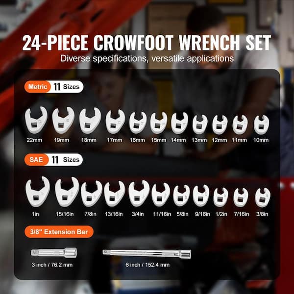 SKYSHALO 3/8 in. Drive Crowfoot Adjustable Wrench Set, 24-Piece