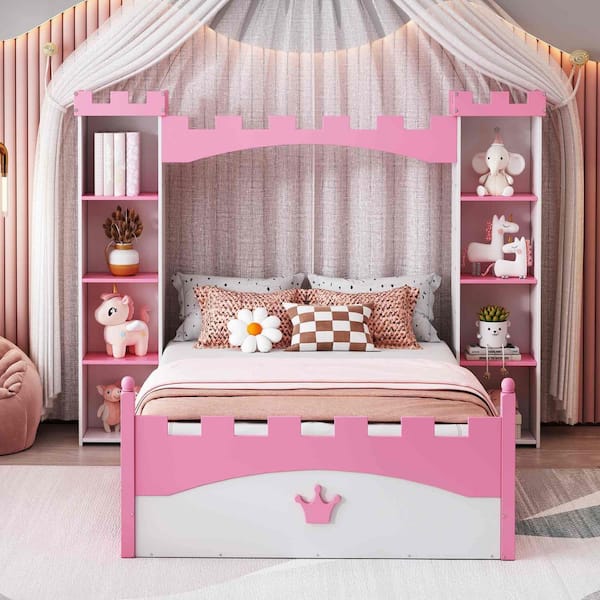 White/Pink Wood Frame Twin Size Platform Bed with Storage Shelf