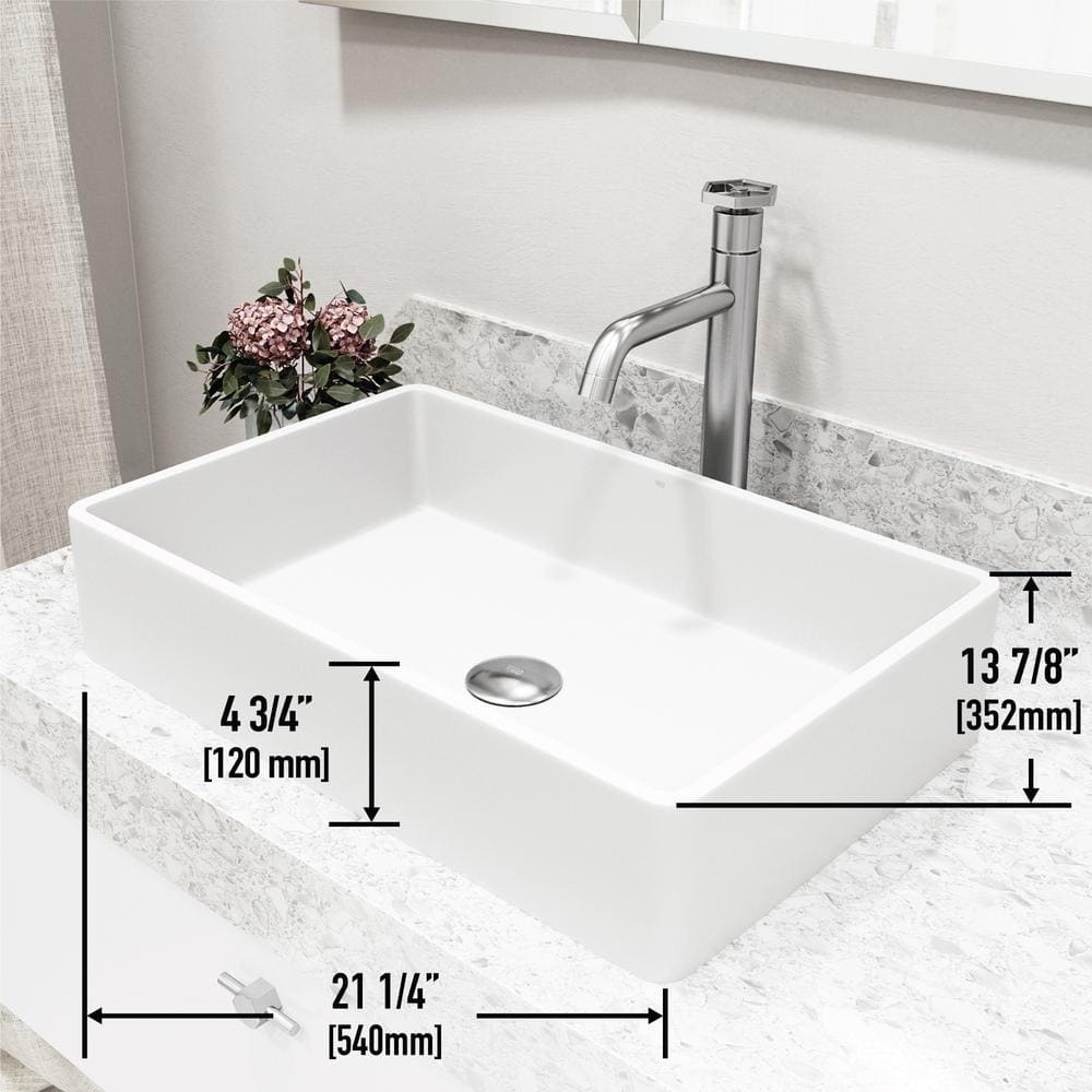 Magnolia Matte White Stone Rectangular Vessel Sink with Faucet