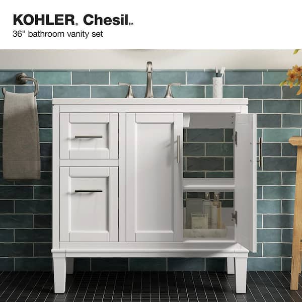 KOHLER Chesil 36in. Single Sink Freestanding White Bath Vanity with Bianco Bella Quartz Top Assembled