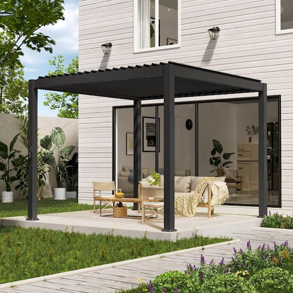 10 ft. x 10 ft. Aluminum Frame Steel Louvered Pergola Outdoor Pergola with Adjustable Roof for Backyard, Grey