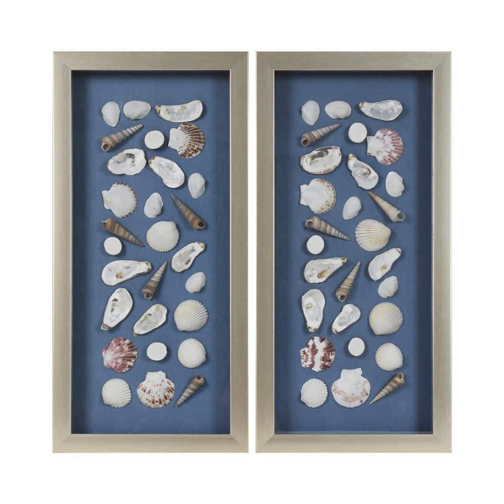 2-Piece Mixed Coastal Wall Art Set Blue Linen Seashell Shadowbox Framed Decor Bathroom Nautical 17.62 in. x 8.62 in. price history on PriceWatchPro