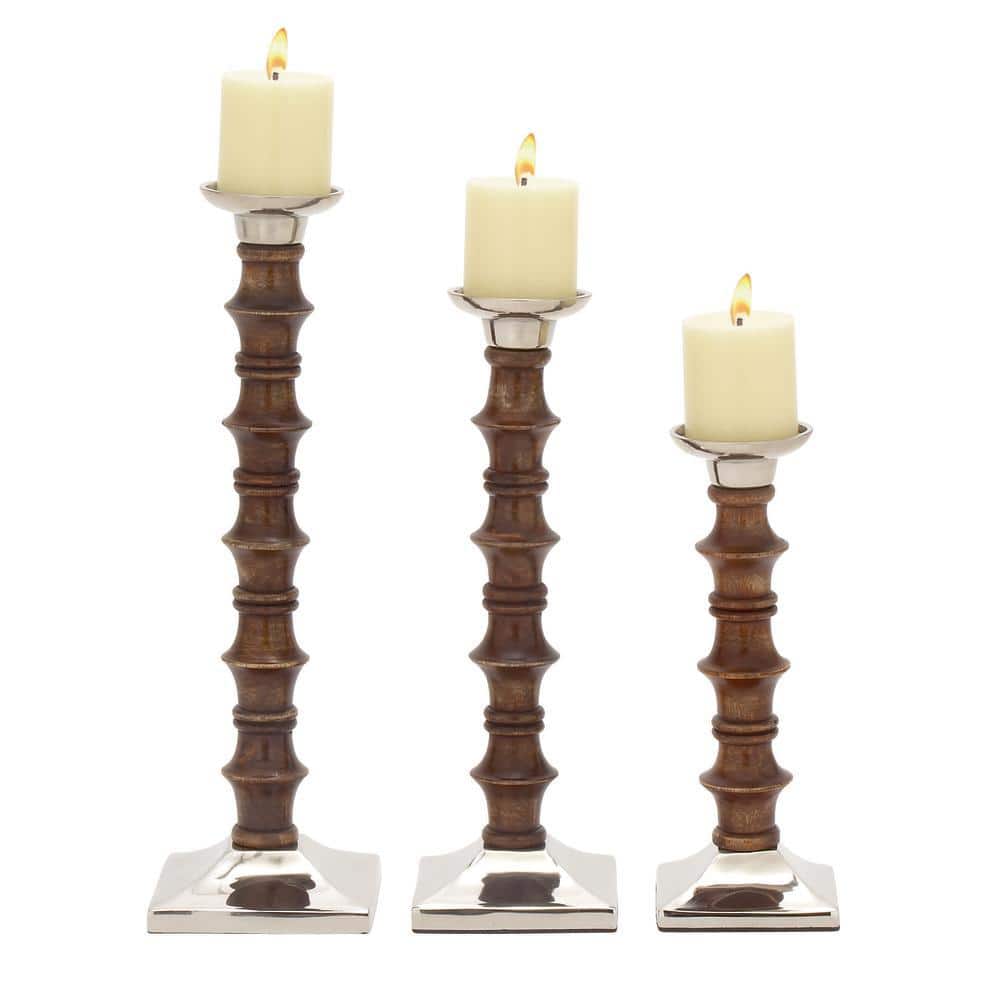 Elegant Traditional Wood Candlestick Trio in Brown - 12" Height