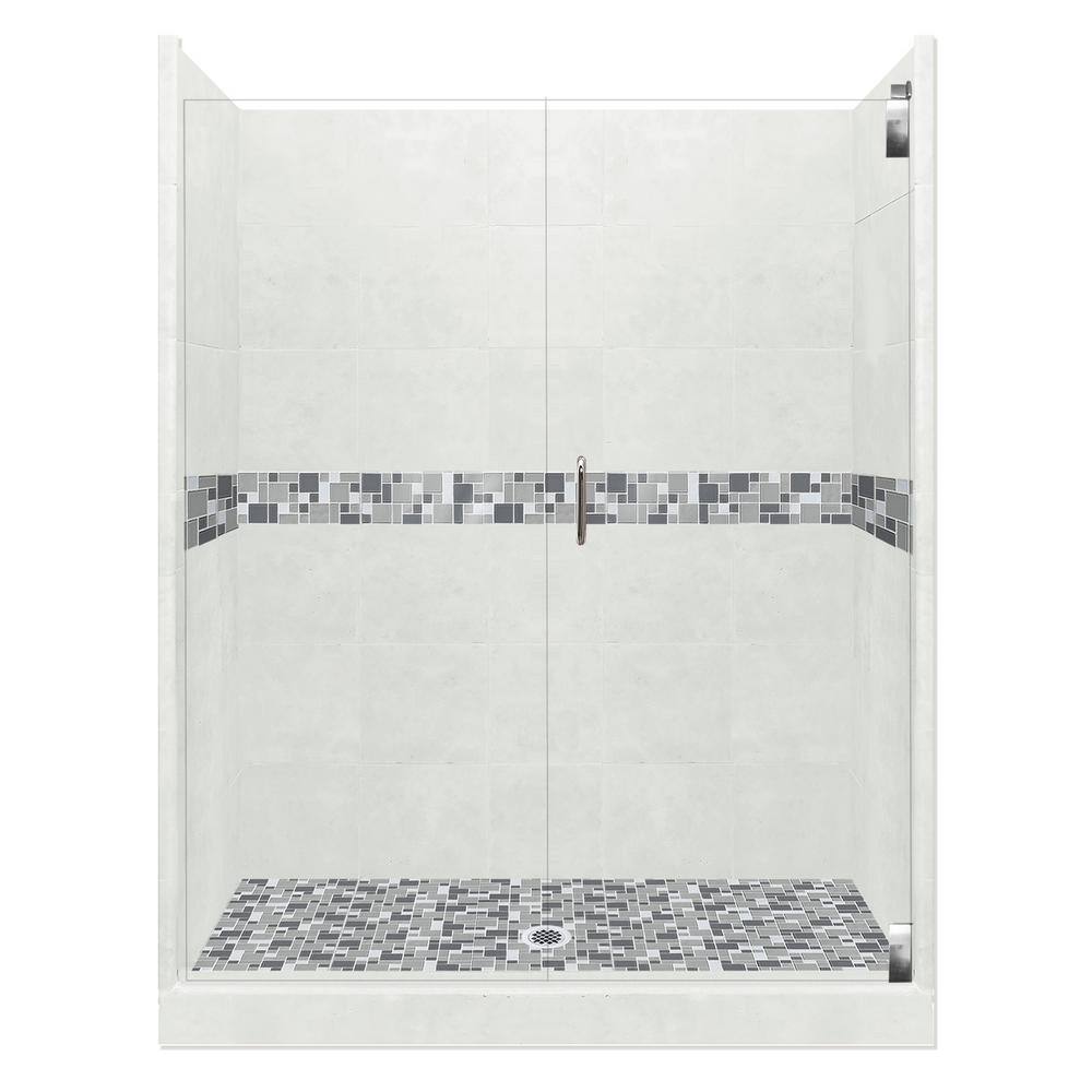 Newport Grand Hinged 42 in. x 60 in. x 80 in. Center Drain Alcove Shower Kit in Natural Buff and Chrome Hardware price history on PriceWatchPro