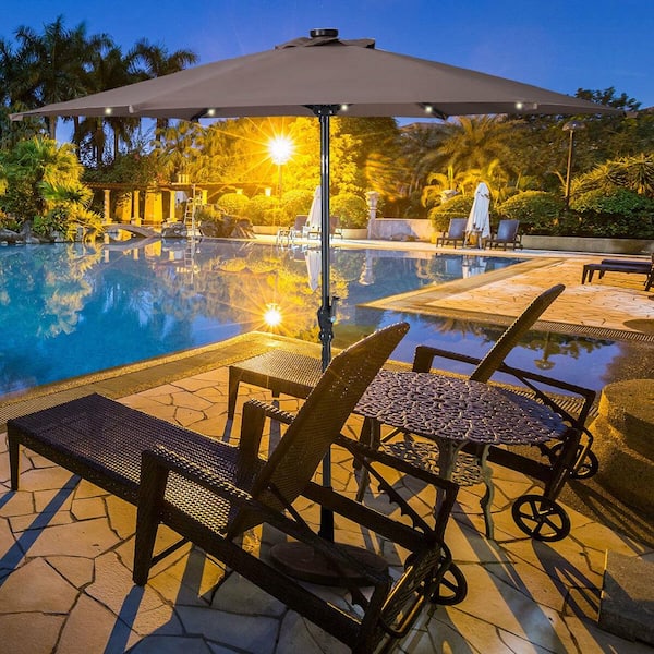 9 ft. LED Steel Market Tilt Outdoor Patio Solar Umbrella in Tan with Crank