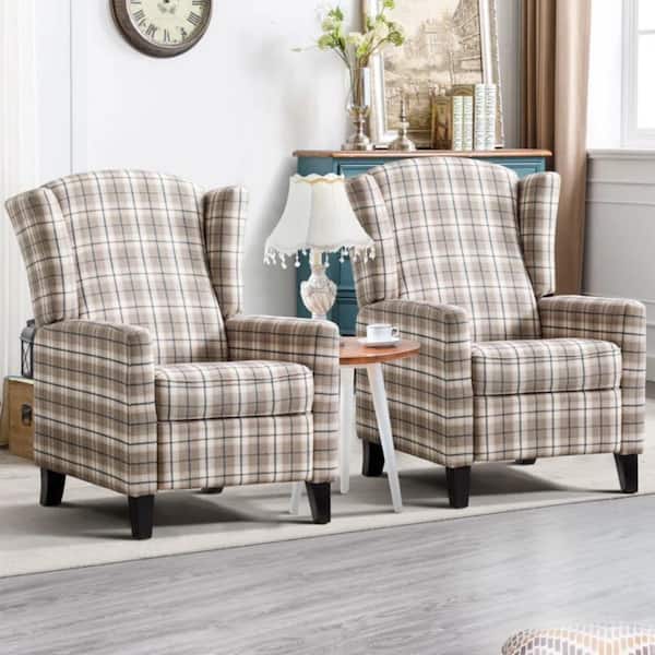 Bestier 30.7 in. W Yellow plaid Polyester Push Back Recliner with Wing Back (Set of 2)