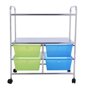 3-Tier Metal 4-Wheeled Rolling Storage Cart Rack Shelf with 4 Drawers in Blue and Green