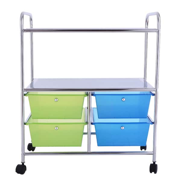 3-Tier Metal 4-Wheeled Rolling Storage Cart Rack Shelf with 4 Drawers in Blue and Green