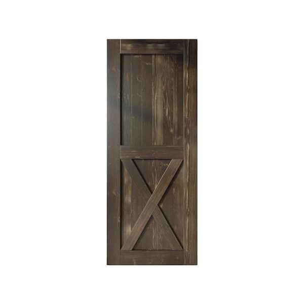 HOMACER 24 in. x 96 in. X-Frame Ebony Solid Natural Pine Wood Panel Interior Sliding Barn Door Slab with Frame