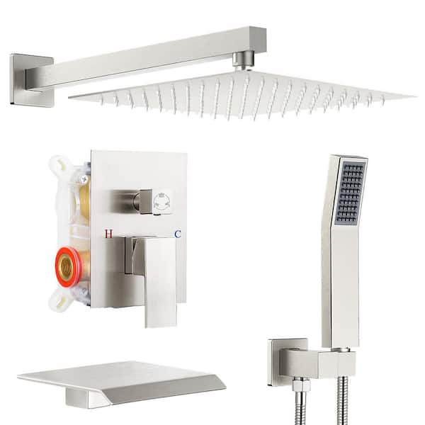 Single Handle 3-Spray Square Shower Faucet Bathroom Shower Combo Set 2.5 GPM with Waterfall Spout in Brushed Nickel