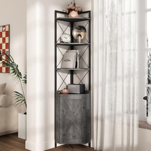 Mieres Industrial Style Rustic Gray 4-Tier Wooden Corner Shelf, Free Standing Corner Storage Cabinet for Living Room
