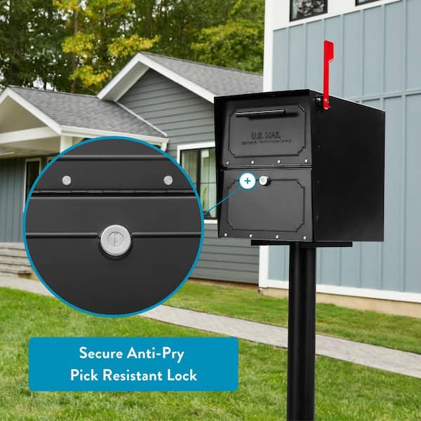Oasis Classic Black, Extra Large, Steel, Locking, Post Mount Parcel Mailbox with High Security Reinforced Lock