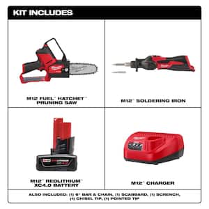 M12 FUEL 12V Lithium-Ion Brushless Battery 6 in. HATCHET Pruning Saw Kit w/Soldering Iron, 4.0 Ah Battery, Charger