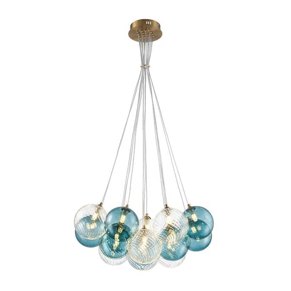 Alma 16-Light 25.6 in.W Brass and Blue Modern Cluster Chandelier with Blue Glass and Twisted Glass for Living Room