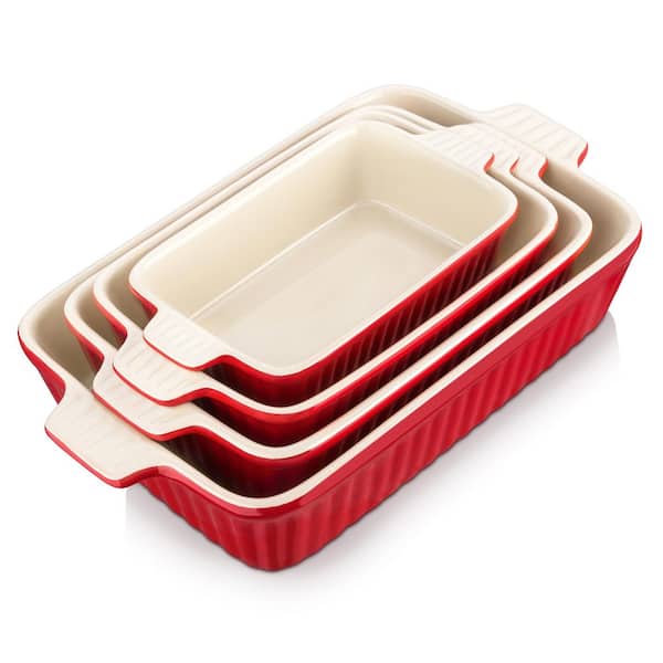 4-Piece Rectangular Red Porcelain Casserole Dish Set with Deep Handles, Ribbed Texture, Oven & Microwave Safe