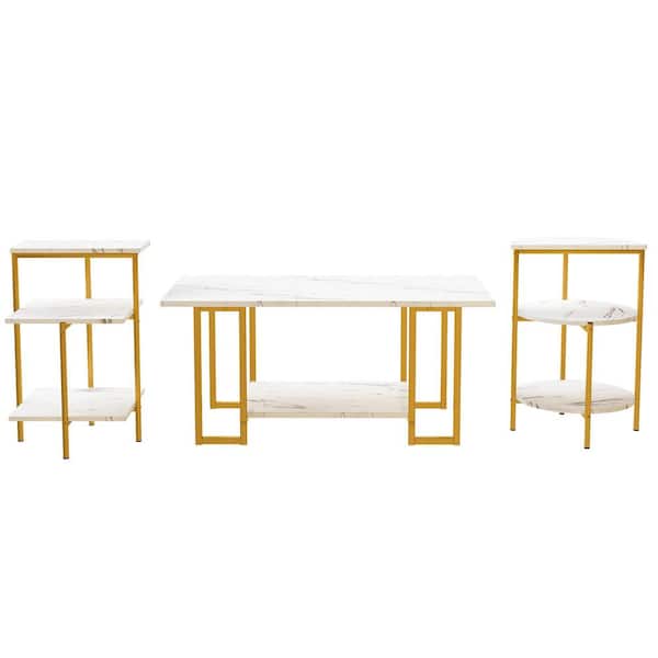 mieres Dora 39 in. White Medium Rectangle Faux Marble Coffee Table with Shelf & Two End Tables for Living Room (3-Piece Set)