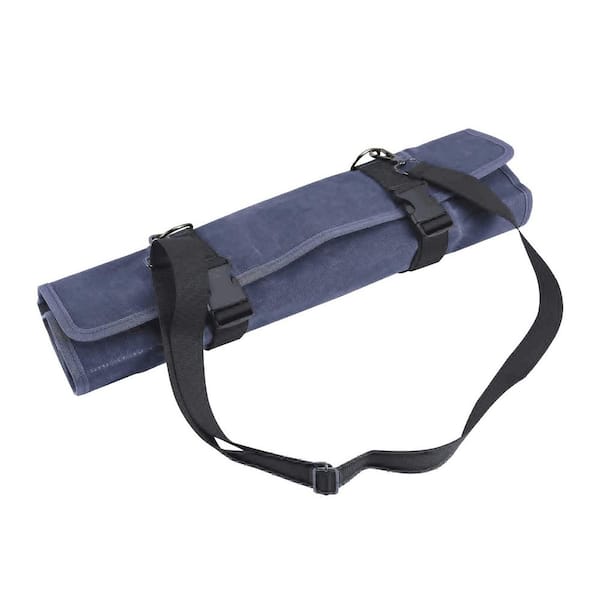 11-Knife Blue Waxed Canvas Knife Roll with 10 Slots and 1 Zipper Pockets, Portable Chef's Knife Roll Bag